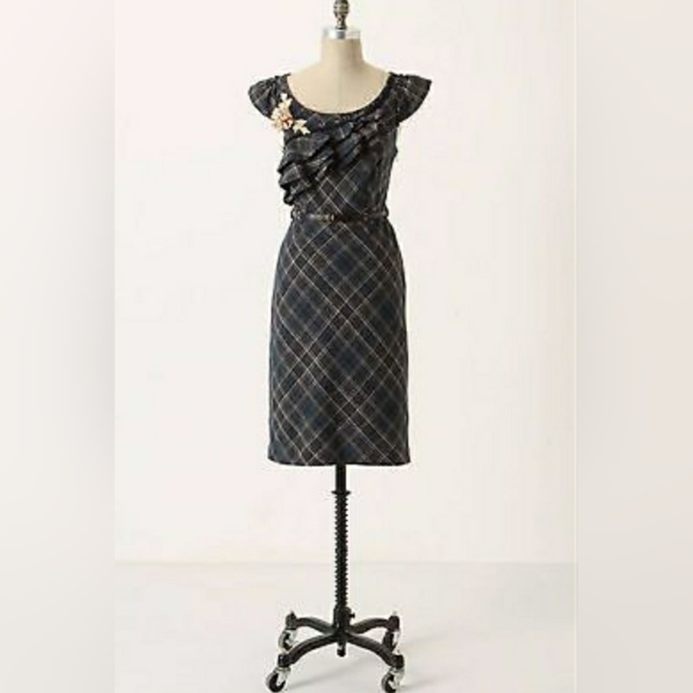 Anthropologie Floreat Tweed Ruffle Floral Applique Dress Size 8